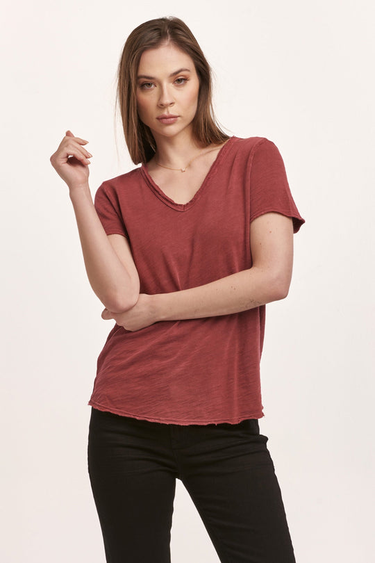 image of a female model wearing a VANYA SHORT SLEEVE SLUB TEE PLUM BERRY DEAR JOHN DENIM 