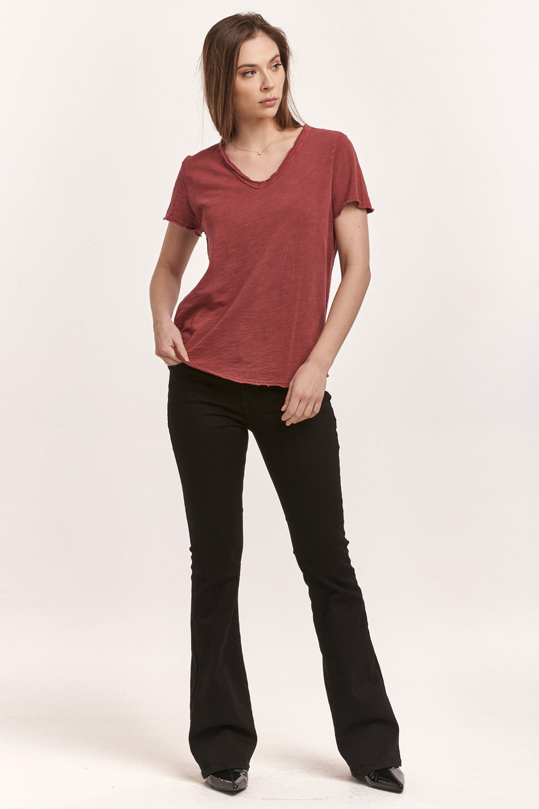 image of a female model wearing a VANYA SHORT SLEEVE SLUB TEE PLUM BERRY DEAR JOHN DENIM 