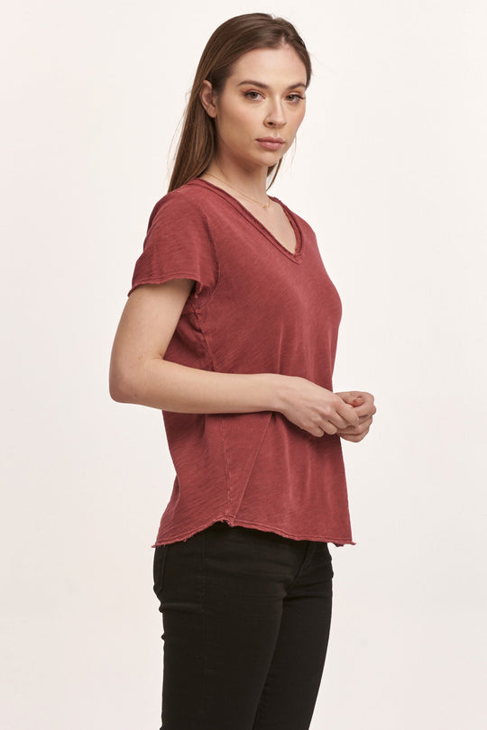 image of a female model wearing a VANYA SHORT SLEEVE SLUB TEE PLUM BERRY DEAR JOHN DENIM 