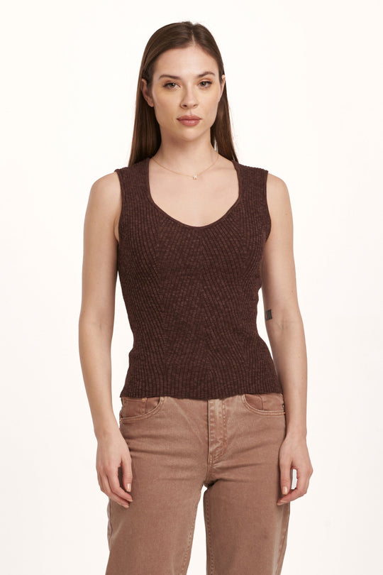 image of a female model wearing a NEOMI DECOLLETE NECK TANK GROUND COFFEE RIB DEAR JOHN DENIM 