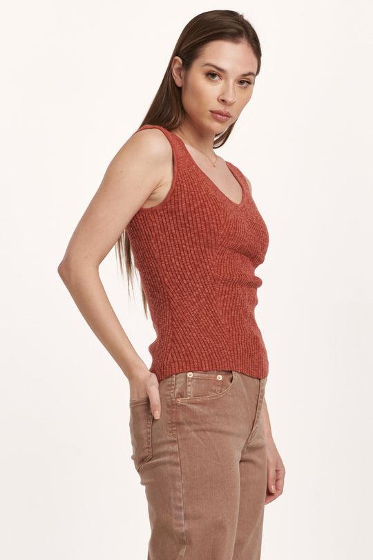 image of a female model wearing a NEOMI DECOLLETE NECK TANK INTENSE RUST RIB DEAR JOHN DENIM 