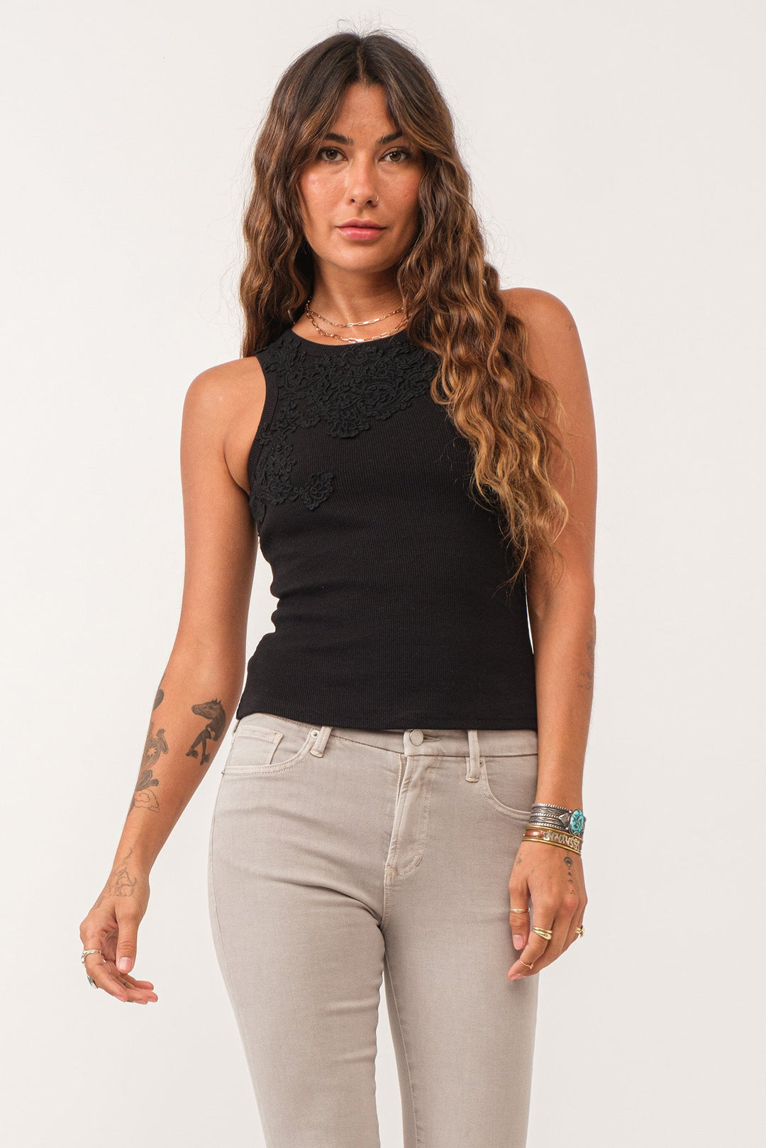 image of a female model wearing a ZENAYA MOTIF TANK BLACK DEAR JOHN DENIM 