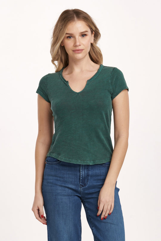 image of a female model wearing a ANAYA NOTCH NECK SLUB TEE DARK MOSS DEAR JOHN DENIM 