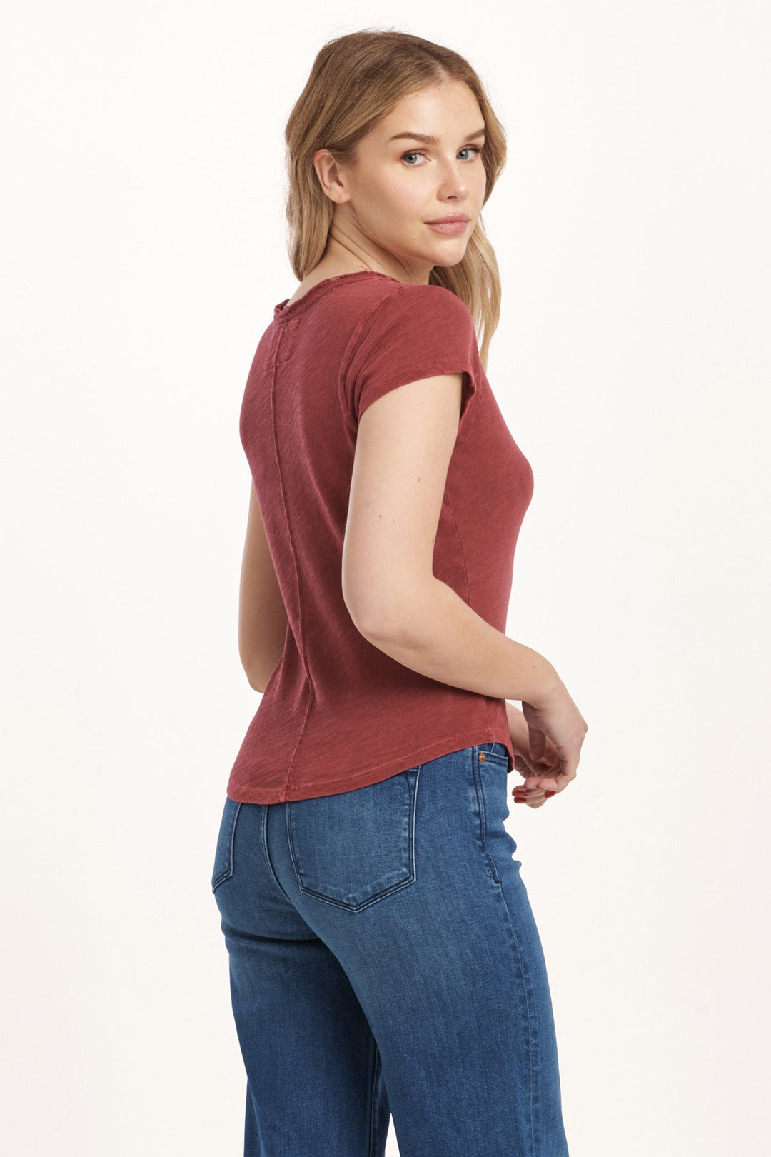 image of a female model wearing a ANAYA NOTCH NECK SLUB TEE PLUM BERRY DEAR JOHN DENIM 