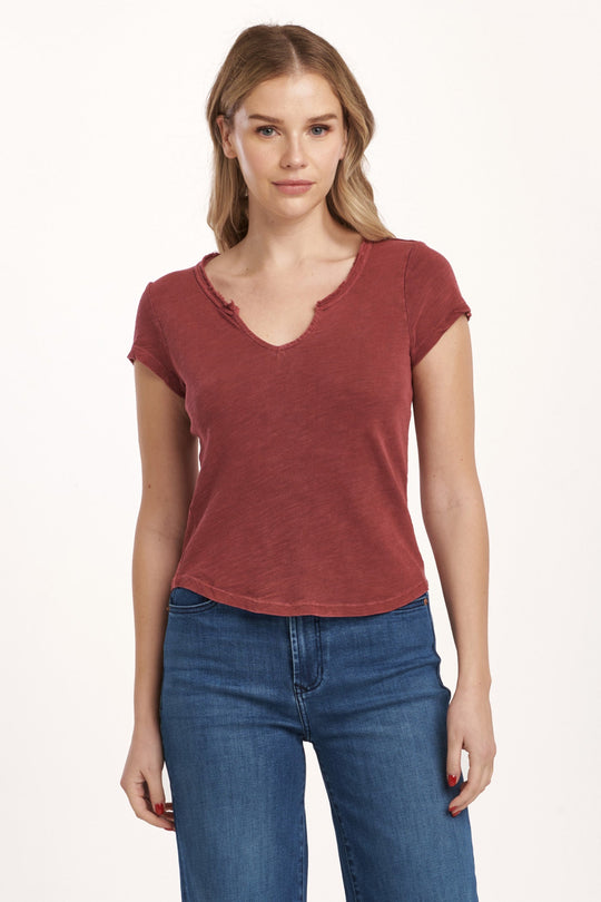 image of a female model wearing a ANAYA NOTCH NECK SLUB TEE PLUM BERRY DEAR JOHN DENIM 