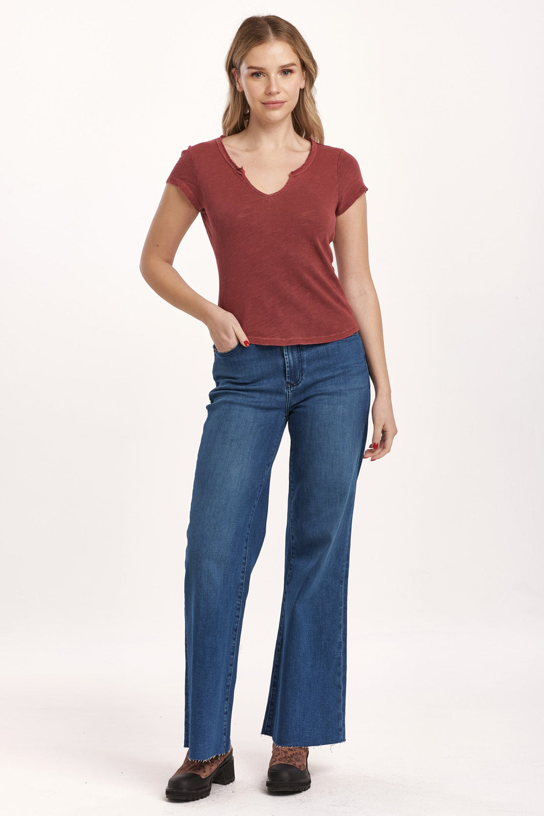 image of a female model wearing a ANAYA NOTCH NECK SLUB TEE PLUM BERRY DEAR JOHN DENIM 