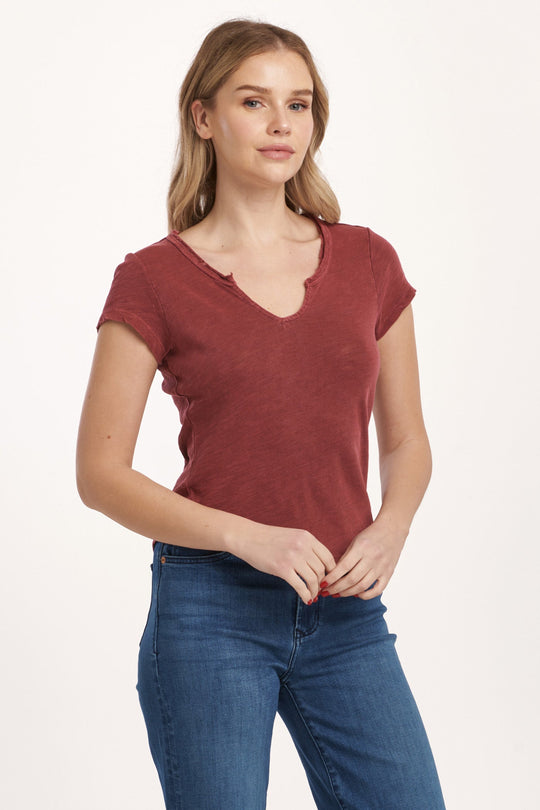 image of a female model wearing a ANAYA NOTCH NECK SLUB TEE PLUM BERRY DEAR JOHN DENIM 