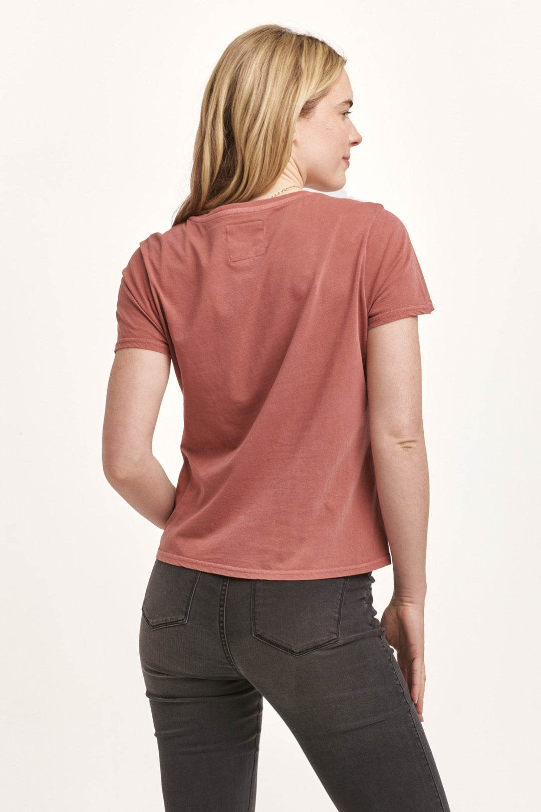 image of a female model wearing a MADELYN SHORT SLEEVE JERSEY TEE INTENSE RUST DEAR JOHN DENIM 