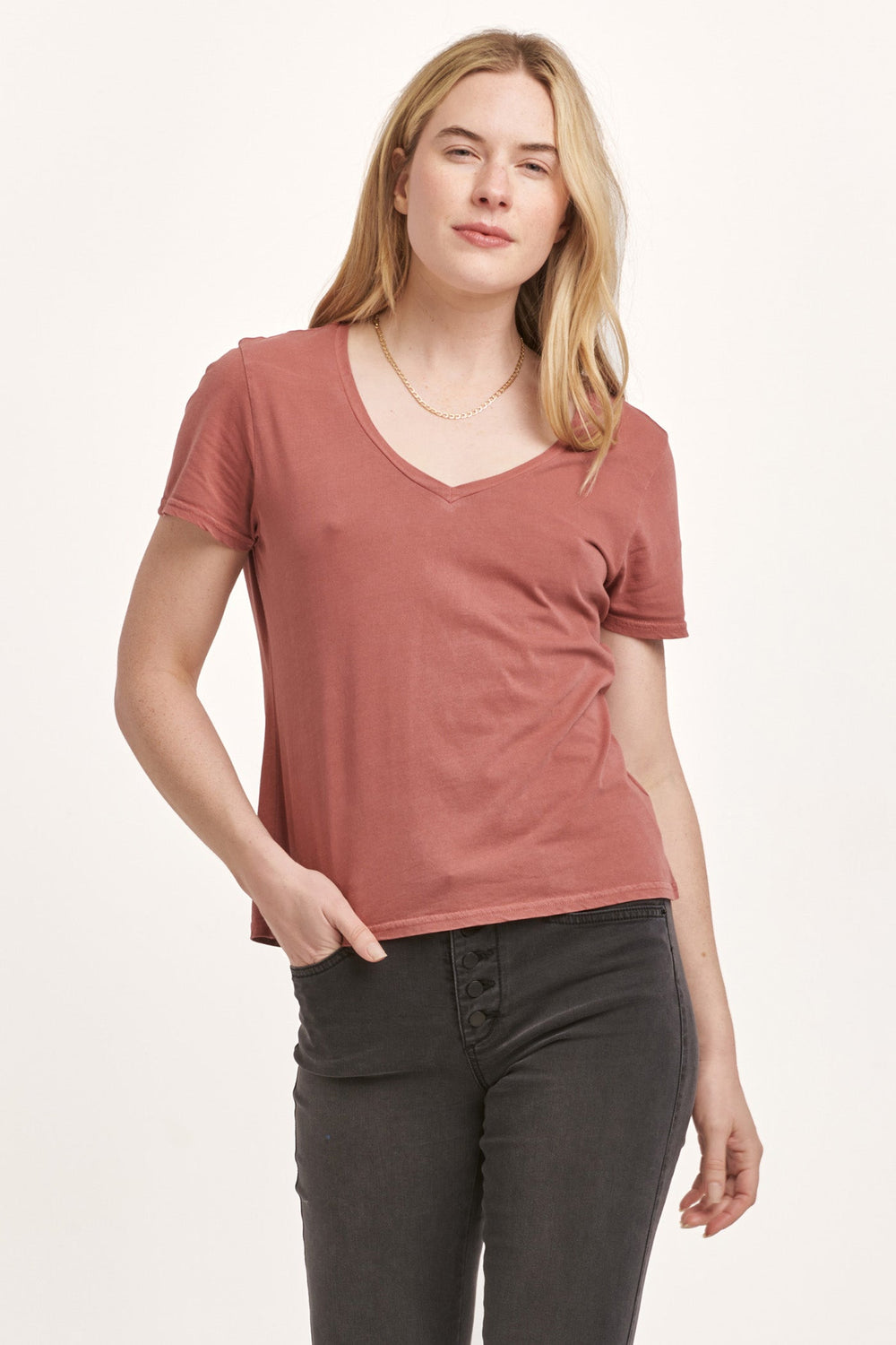 image of a female model wearing a MADELYN SHORT SLEEVE JERSEY TEE INTENSE RUST DEAR JOHN DENIM 