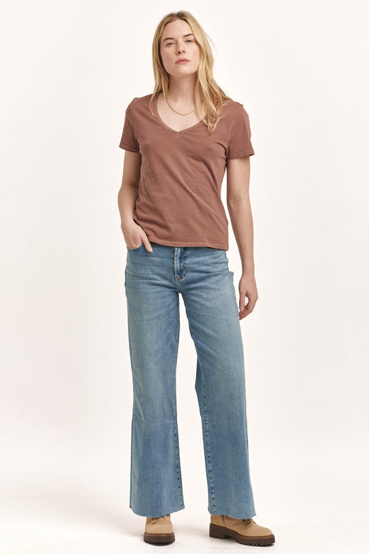 image of a female model wearing a MADELYN SHORT SLEEVE JERSEY TEE NUTSHELL DEAR JOHN DENIM 