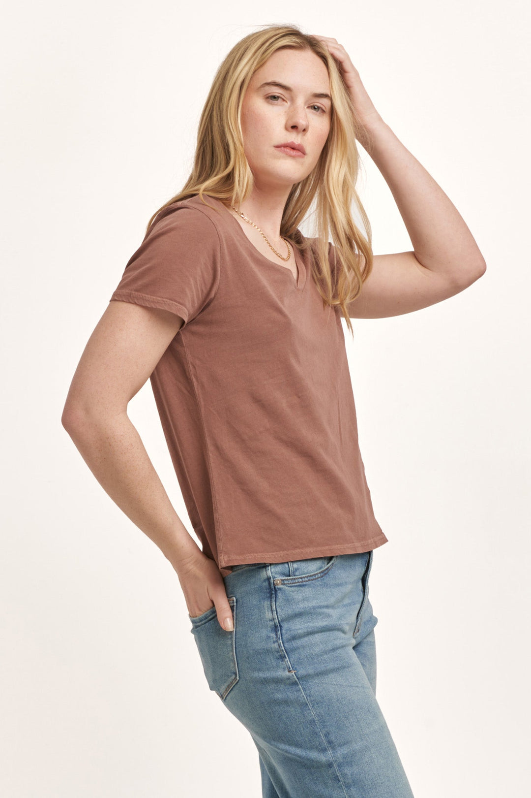 image of a female model wearing a MADELYN SHORT SLEEVE JERSEY TEE NUTSHELL DEAR JOHN DENIM 