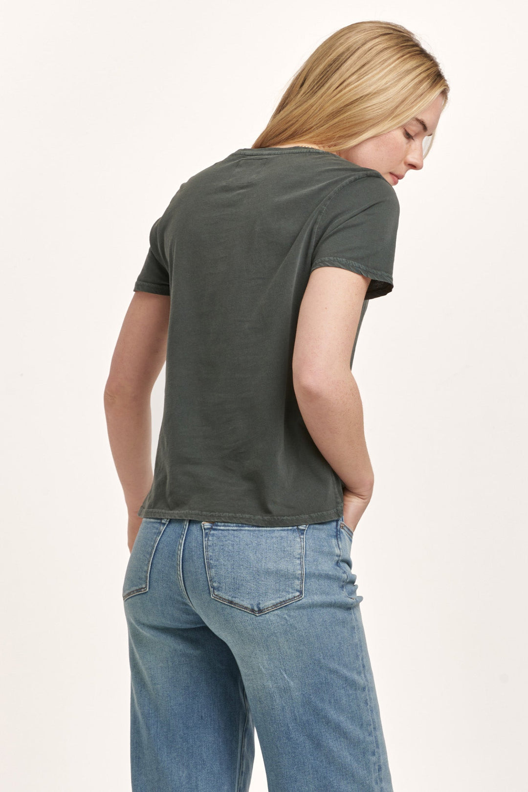 image of a female model wearing a MADELYN SHORT SLEEVE JERSEY TEE DARK MOSS DEAR JOHN DENIM 