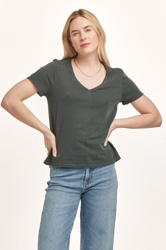 image of a female model wearing a MADELYN SHORT SLEEVE JERSEY TEE DARK MOSS DEAR JOHN DENIM 