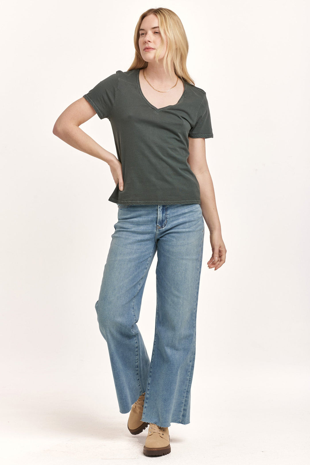 image of a female model wearing a MADELYN SHORT SLEEVE JERSEY TEE DARK MOSS DEAR JOHN DENIM 