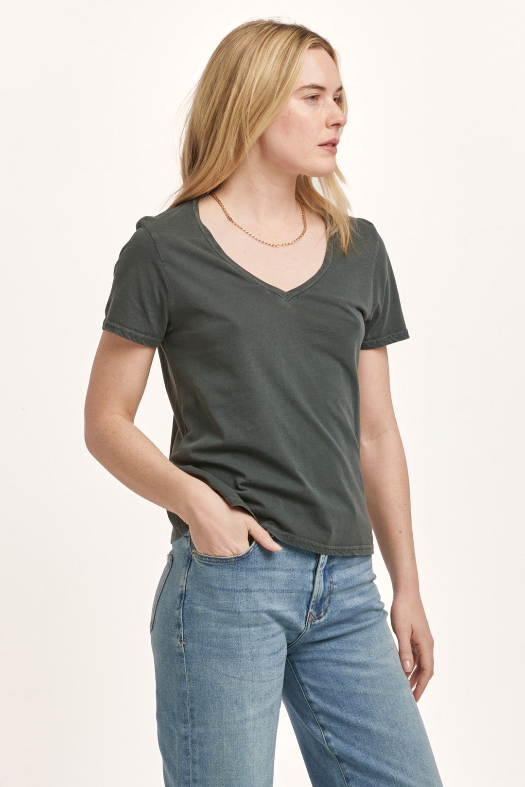 image of a female model wearing a MADELYN SHORT SLEEVE JERSEY TEE DARK MOSS DEAR JOHN DENIM 