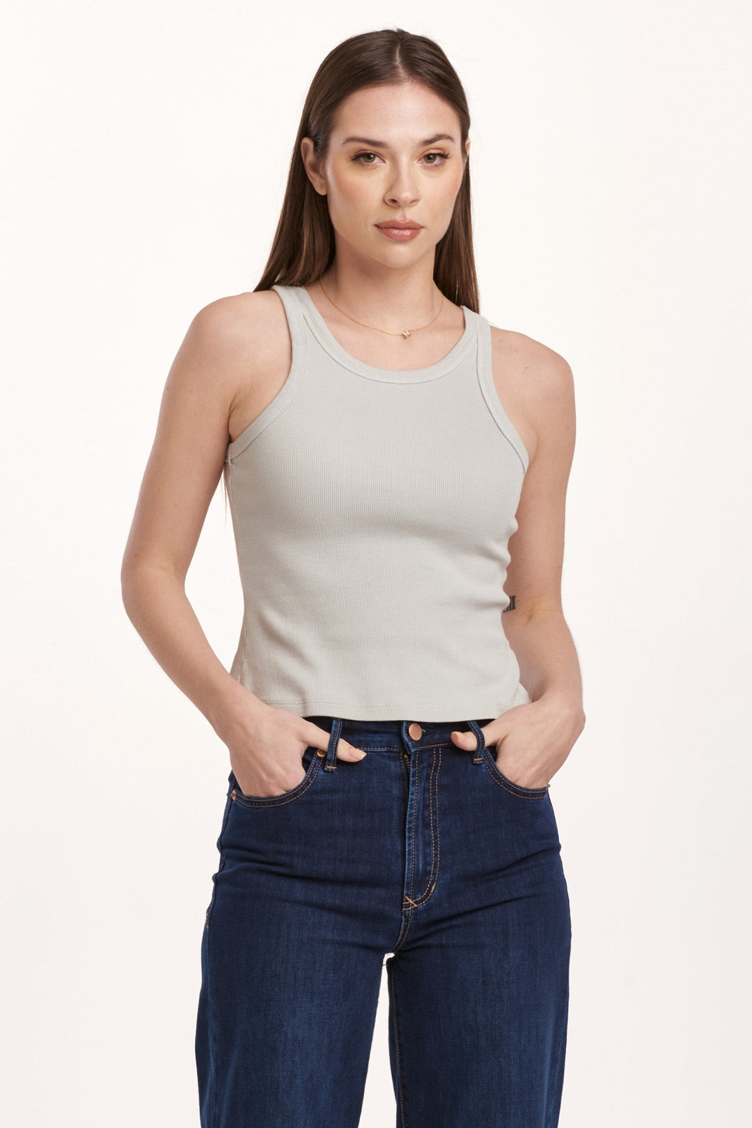 image of a female model wearing a TAMIA CROPPED RACER TANK DIGITAL MIST DEAR JOHN DENIM 