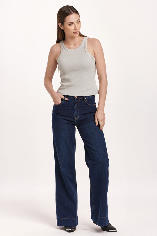 image of a female model wearing a TAMIA CROPPED RACER TANK DIGITAL MIST DEAR JOHN DENIM 