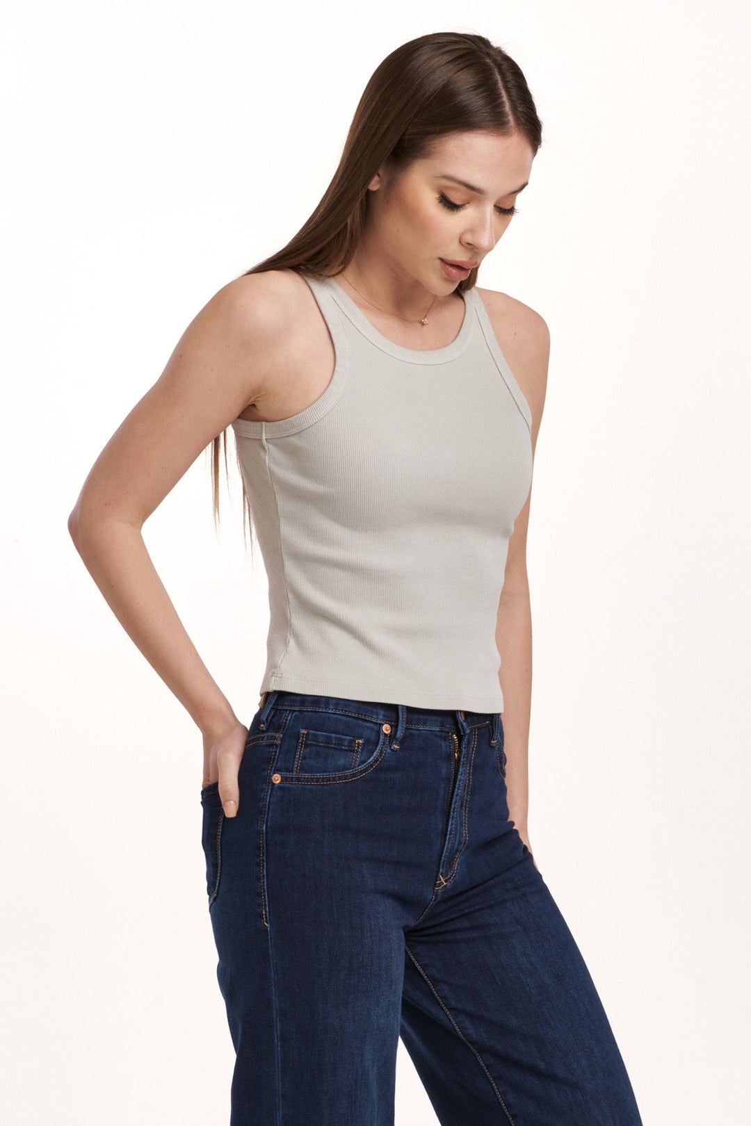 image of a female model wearing a TAMIA CROPPED RACER TANK DIGITAL MIST DEAR JOHN DENIM 