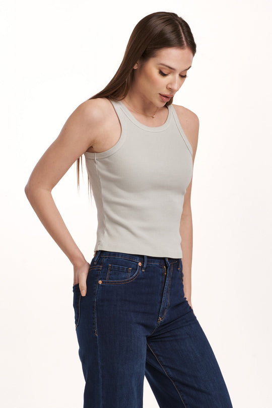 image of a female model wearing a TAMIA CROPPED RACER TANK DIGITAL MIST DEAR JOHN DENIM 