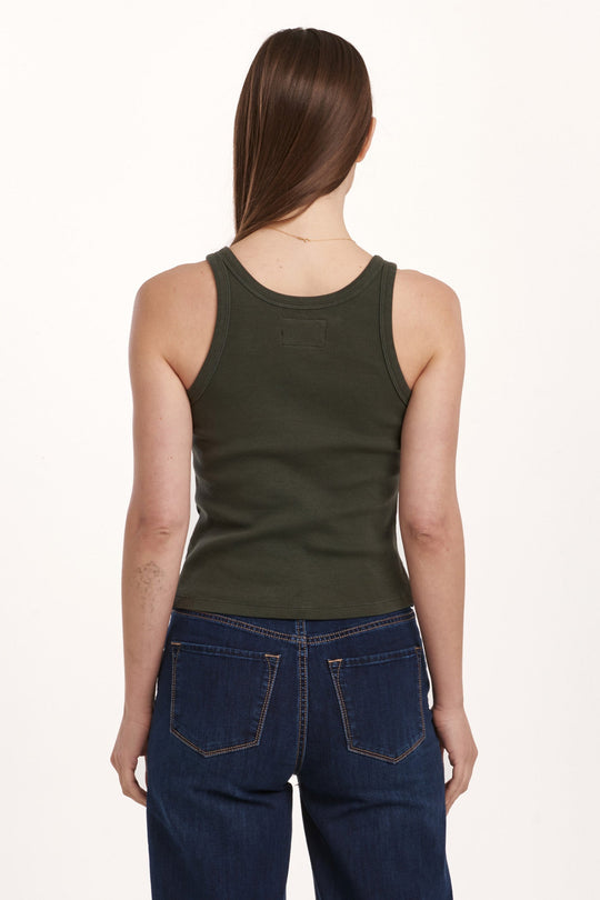 image of a female model wearing a TAMIA CROPPED RACER TANK DEEP EMERALD DEAR JOHN DENIM 