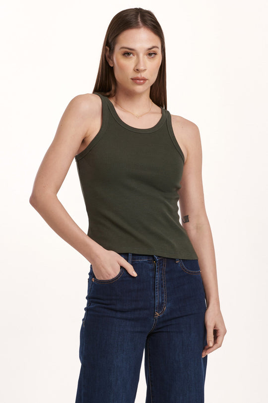 image of a female model wearing a TAMIA CROPPED RACER TANK DEEP EMERALD DEAR JOHN DENIM 