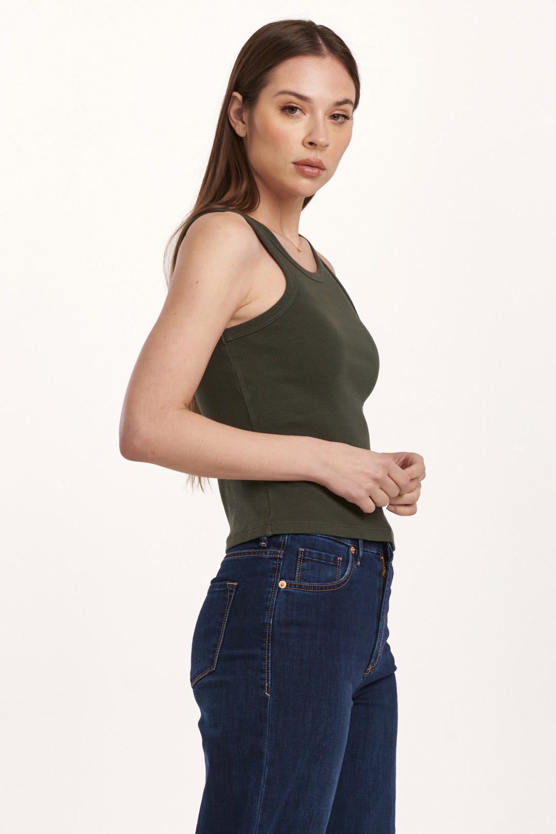 image of a female model wearing a TAMIA CROPPED RACER TANK DEEP EMERALD DEAR JOHN DENIM 