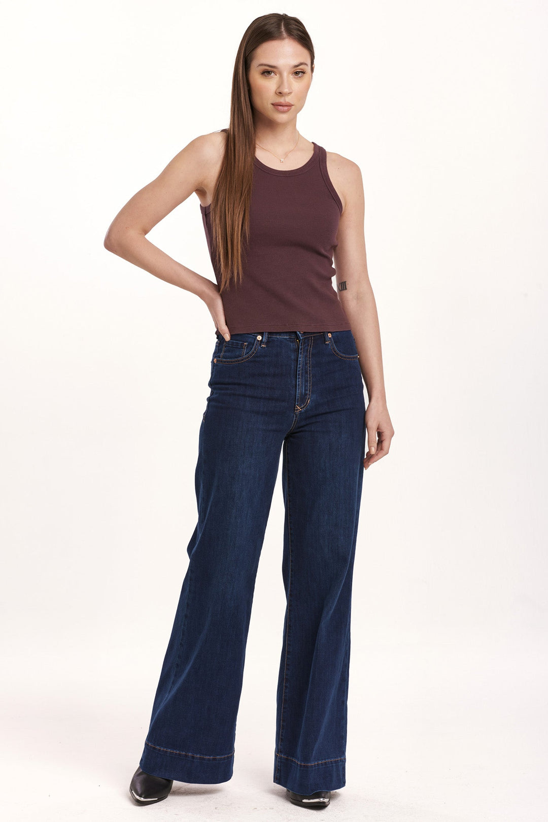 image of a female model wearing a TAMIA CROPPED RACER TANK MIDNIGHT PLUM DEAR JOHN DENIM 