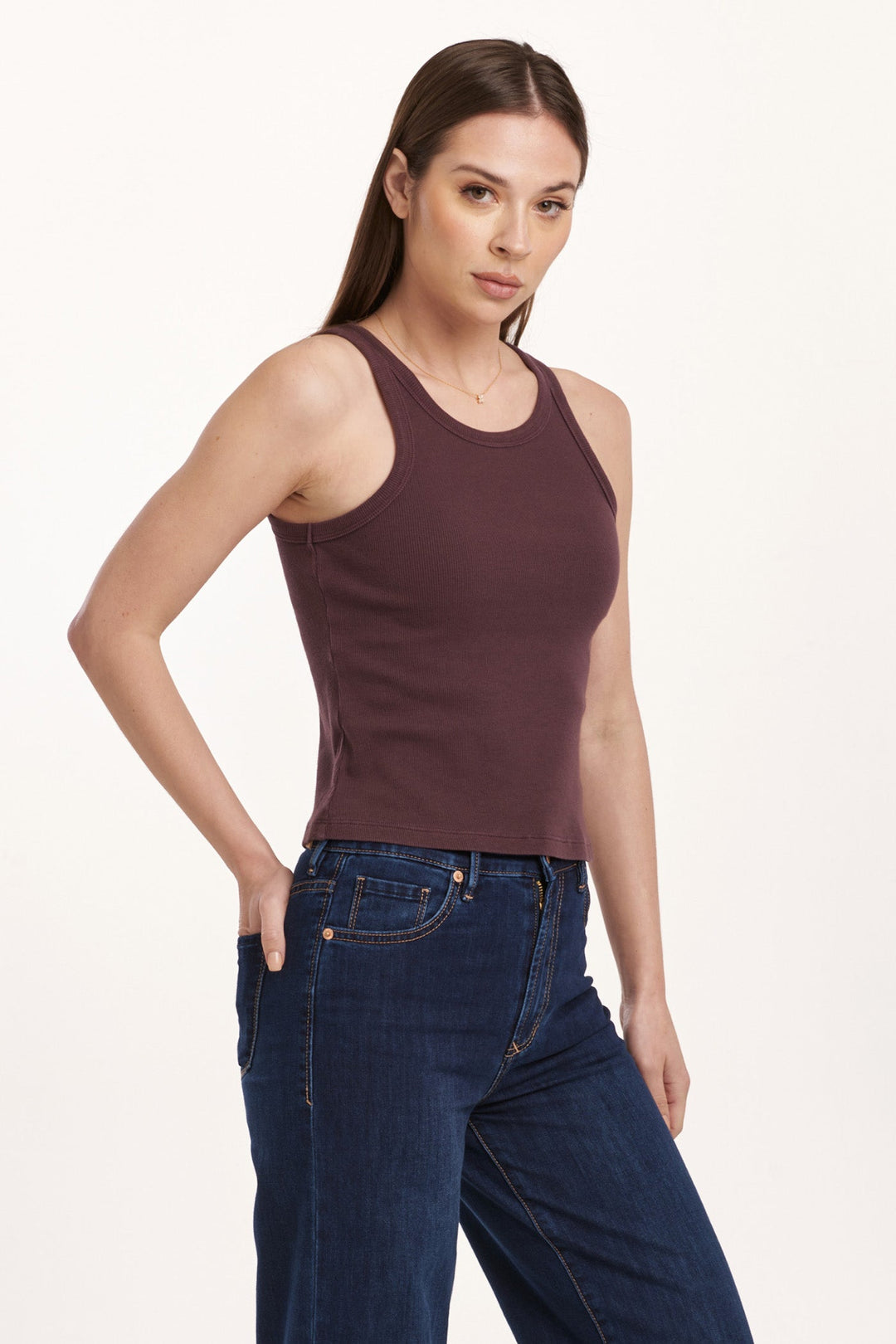 image of a female model wearing a TAMIA CROPPED RACER TANK MIDNIGHT PLUM DEAR JOHN DENIM 