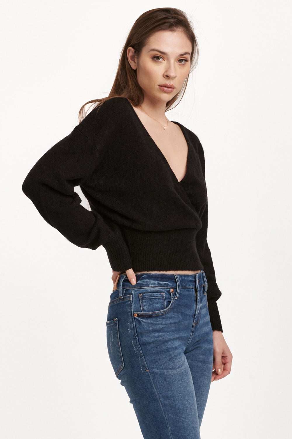 image of a female model wearing a CARTIER WRAP TOP BLACK DEAR JOHN DENIM 