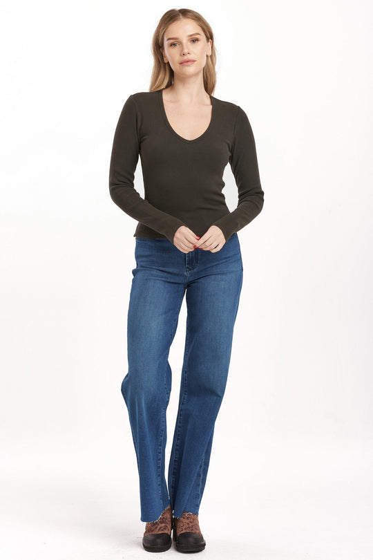 image of a female model wearing a MARLOWE V-NECK TOP DARK MOSS DEAR JOHN DENIM 