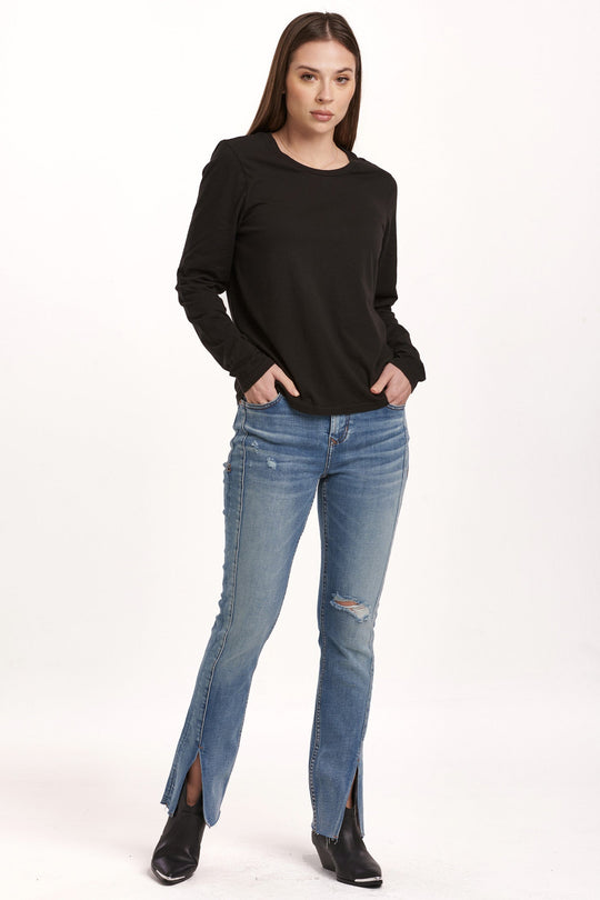 image of a female model wearing a KATHY LONG SLEEVE JERSEY TEE BLACK DEAR JOHN DENIM 