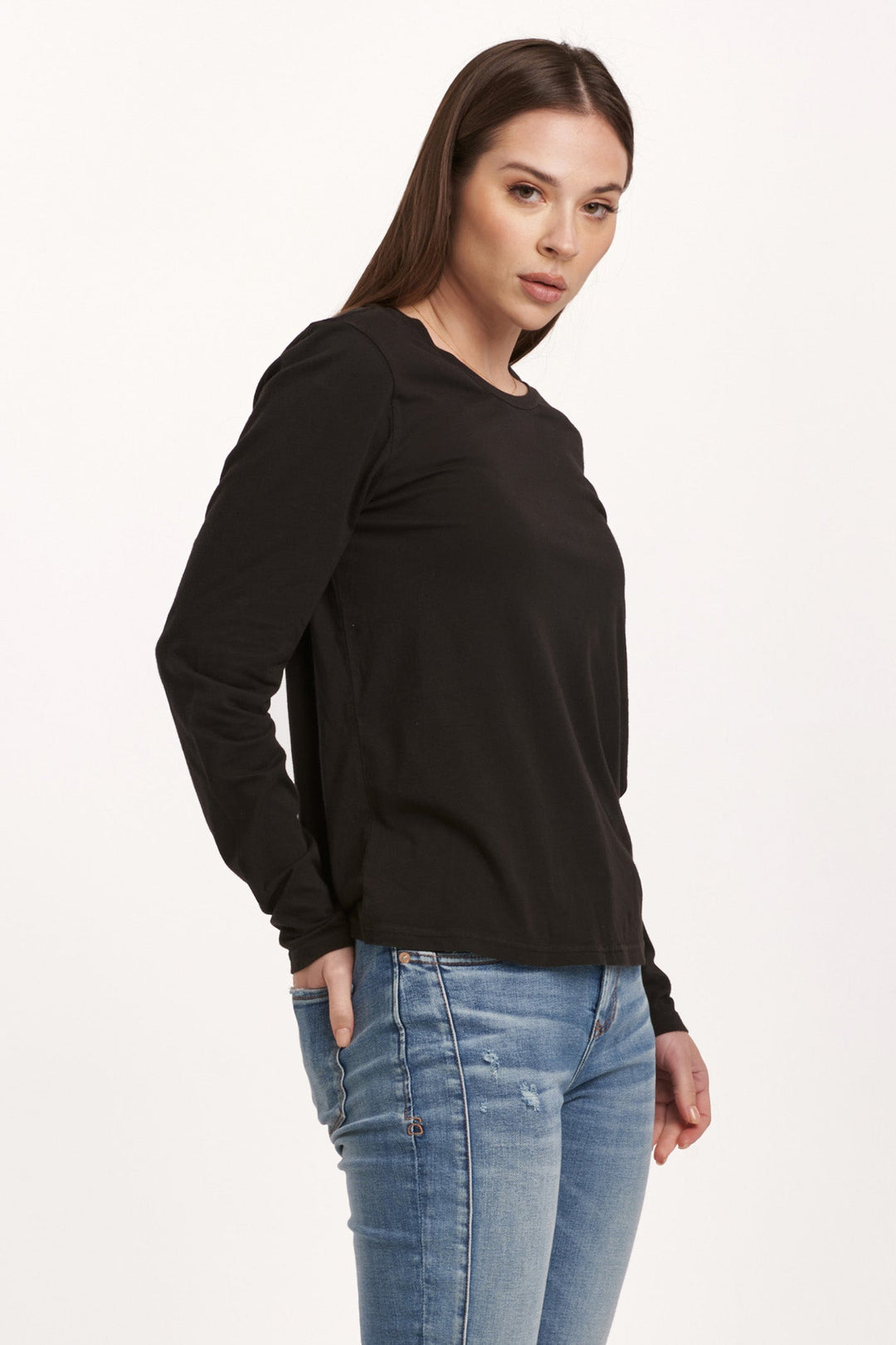 image of a female model wearing a KATHY LONG SLEEVE JERSEY TEE BLACK DEAR JOHN DENIM 