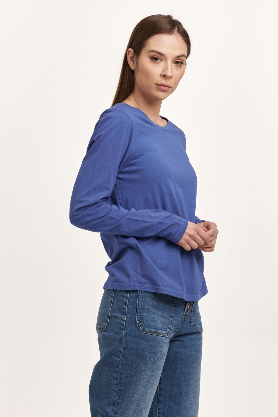 image of a female model wearing a KATHY LONG SLEEVE JERSEY TEE BLUE LOLITE DEAR JOHN DENIM 