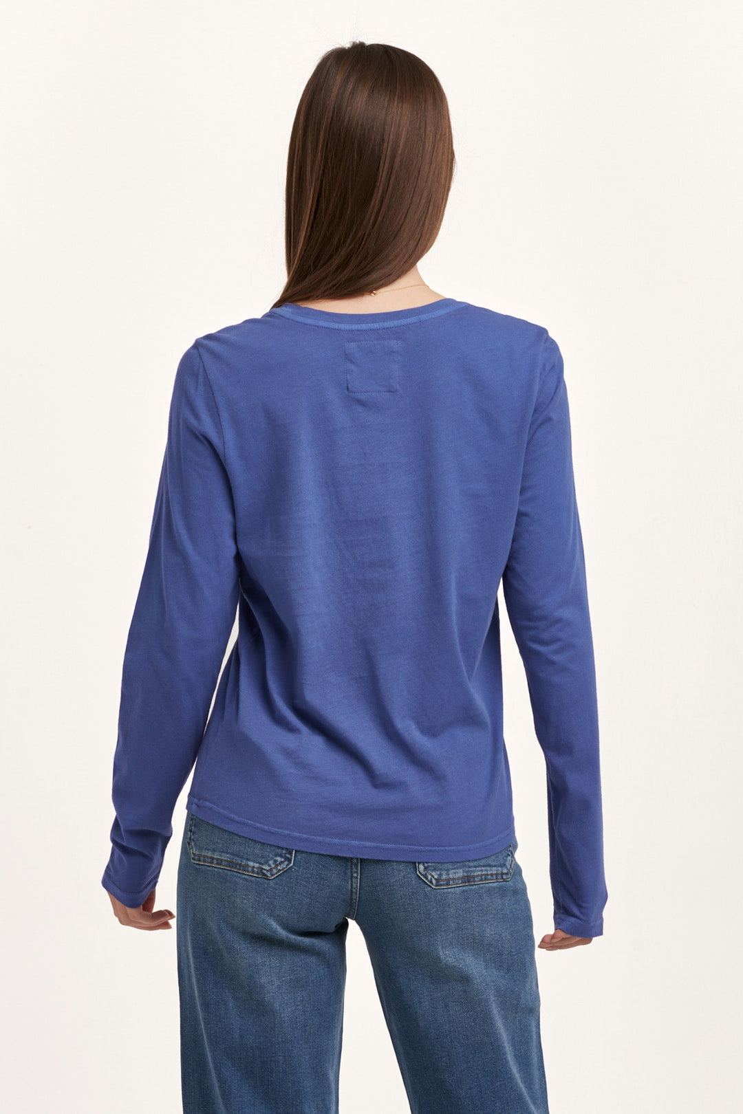 image of a female model wearing a KATHY LONG SLEEVE JERSEY TEE BLUE LOLITE DEAR JOHN DENIM 