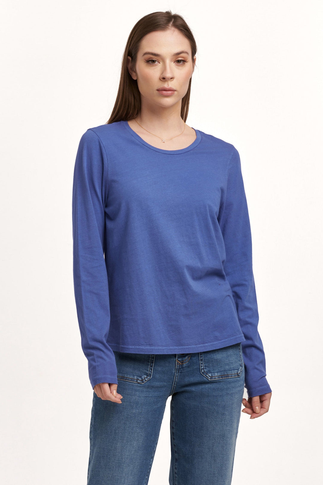 image of a female model wearing a KATHY LONG SLEEVE JERSEY TEE BLUE LOLITE DEAR JOHN DENIM 