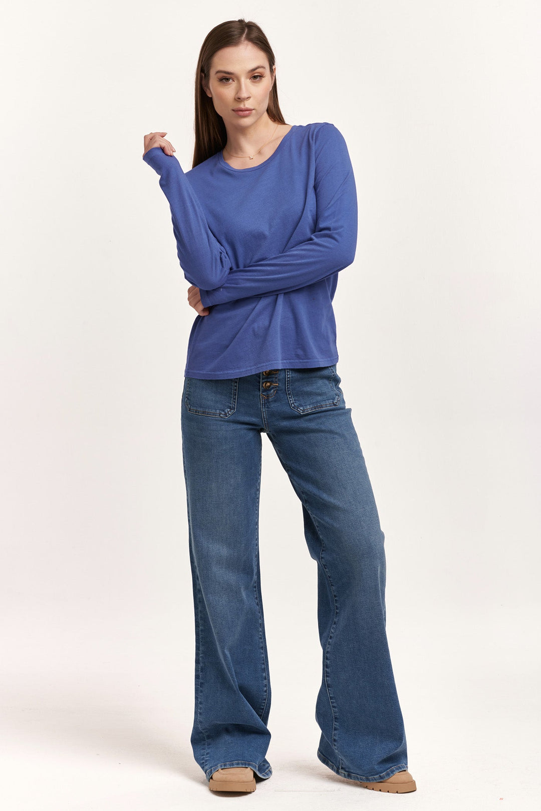 image of a female model wearing a KATHY LONG SLEEVE JERSEY TEE BLUE LOLITE DEAR JOHN DENIM 