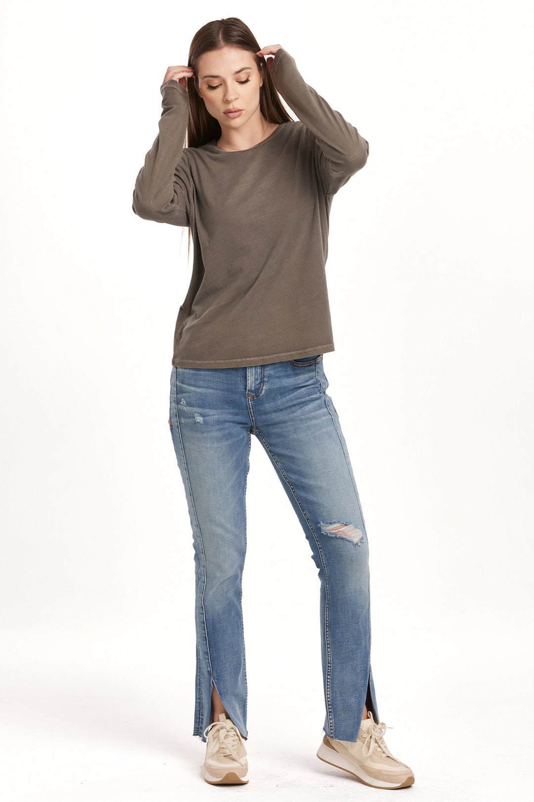 image of a female model wearing a KATHY LONG SLEEVE JERSEY TEE CHARCOAL DEAR JOHN DENIM 