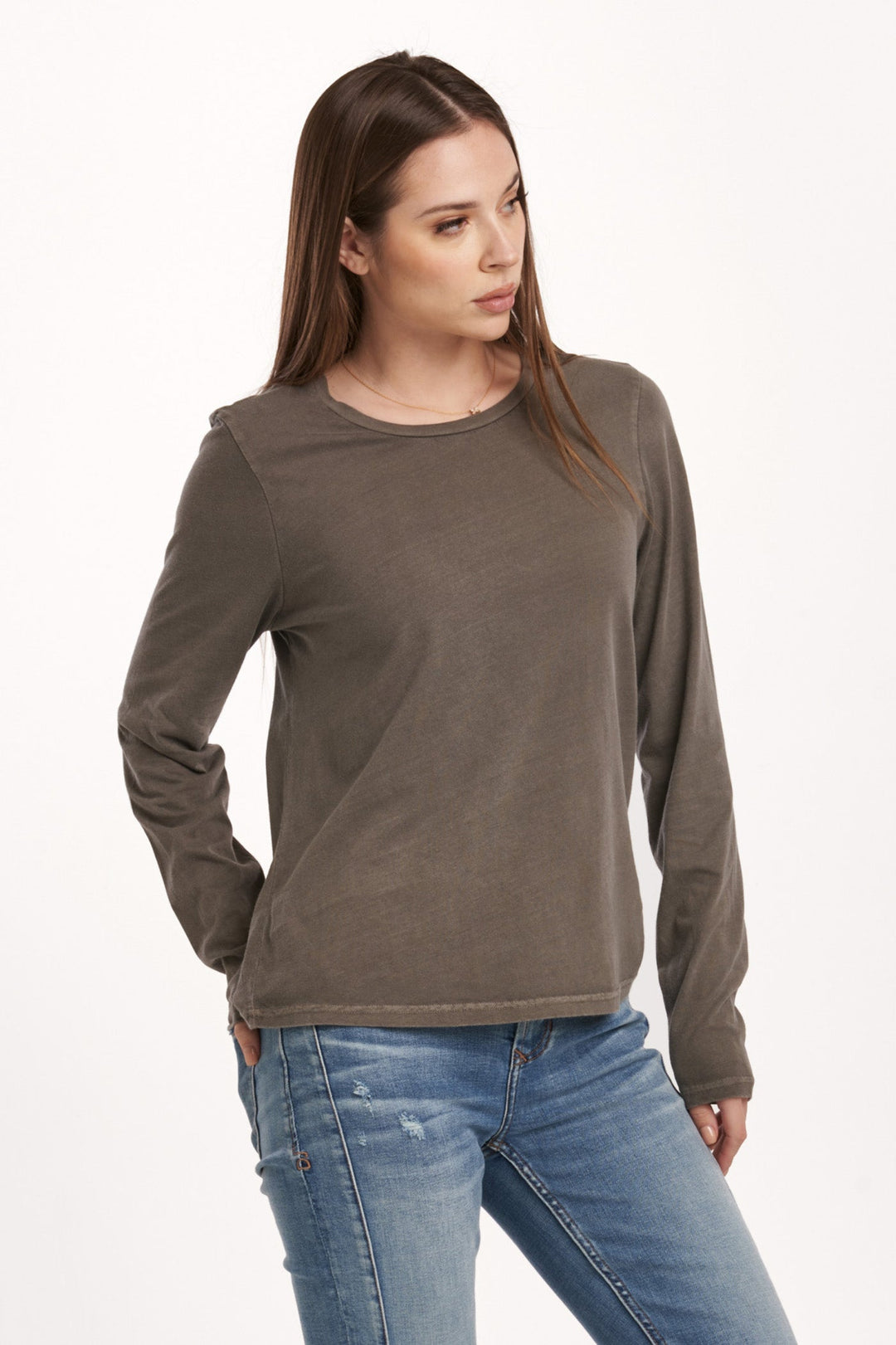 image of a female model wearing a KATHY LONG SLEEVE JERSEY TEE CHARCOAL DEAR JOHN DENIM 