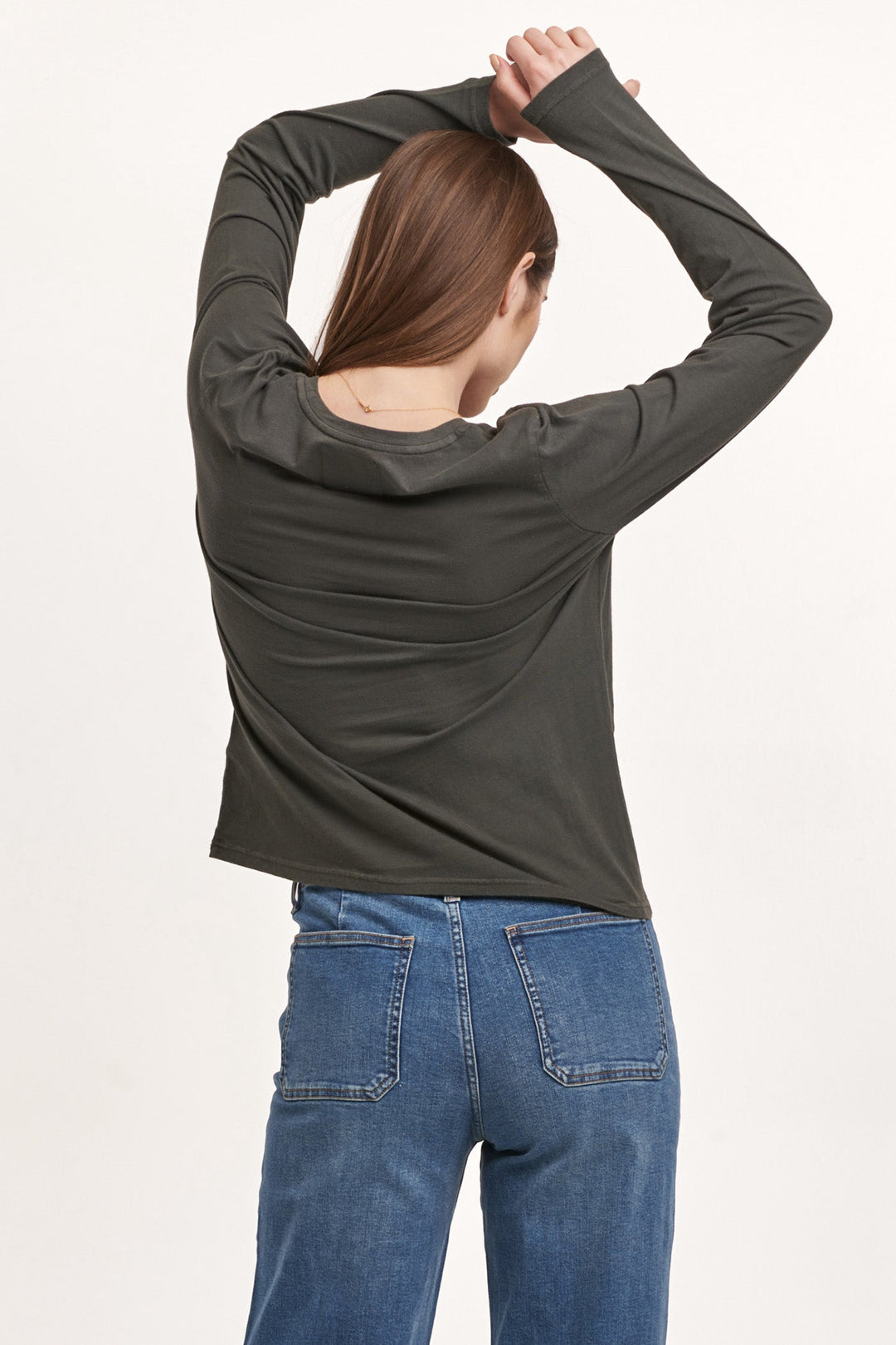 image of a female model wearing a KATHY LONG SLEEVE JERSEY TEE DARK MOSS DEAR JOHN DENIM 