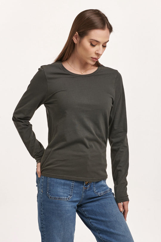 image of a female model wearing a KATHY LONG SLEEVE JERSEY TEE DARK MOSS DEAR JOHN DENIM 