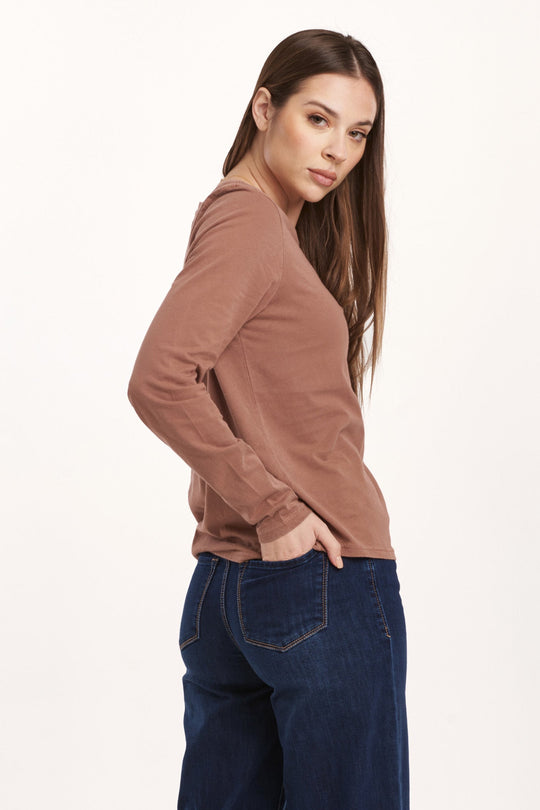 image of a female model wearing a KATHY LONG SLEEVE JERSEY TEE NUTSHELL DEAR JOHN DENIM 