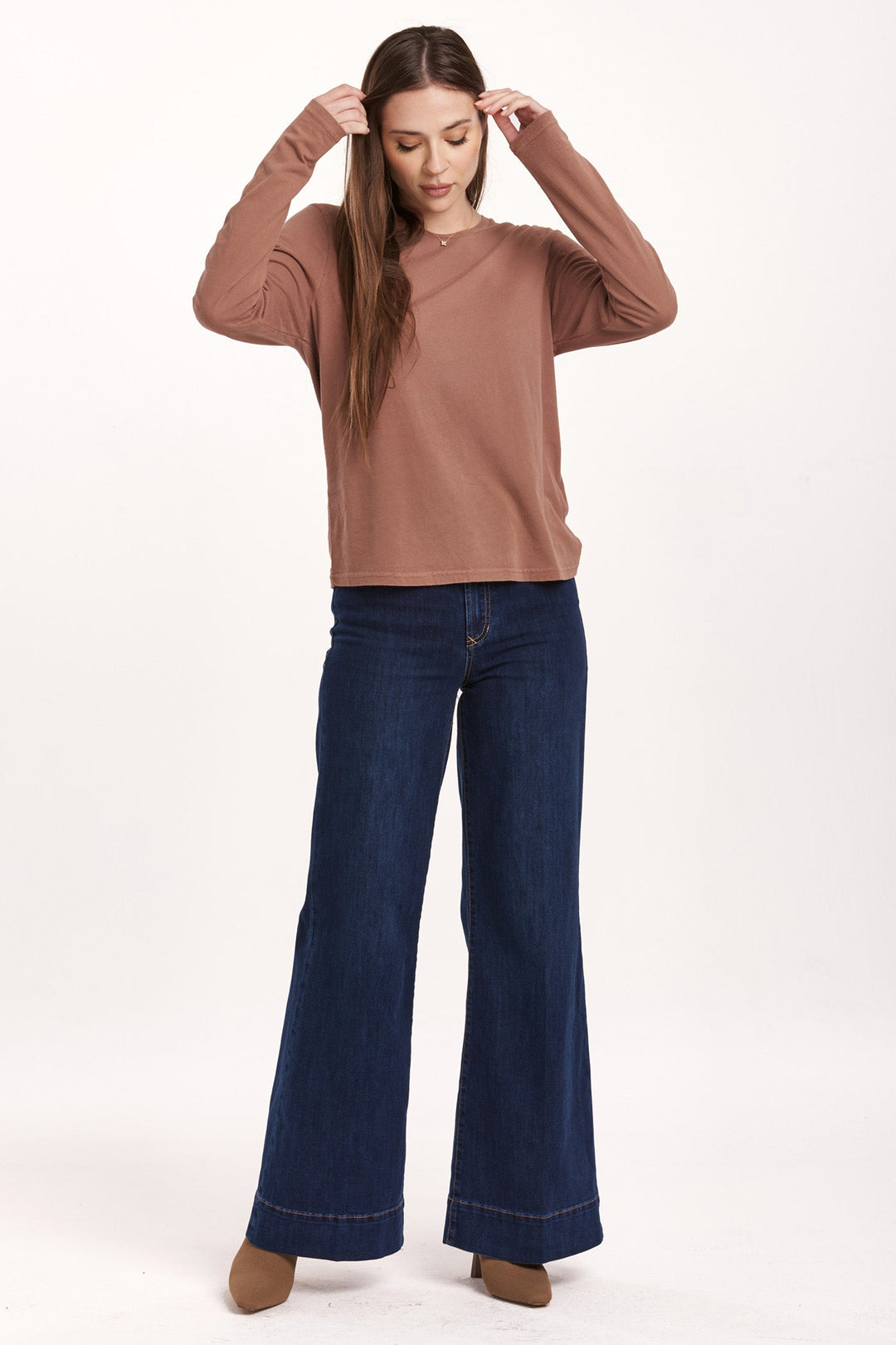 image of a female model wearing a KATHY LONG SLEEVE JERSEY TEE NUTSHELL DEAR JOHN DENIM 