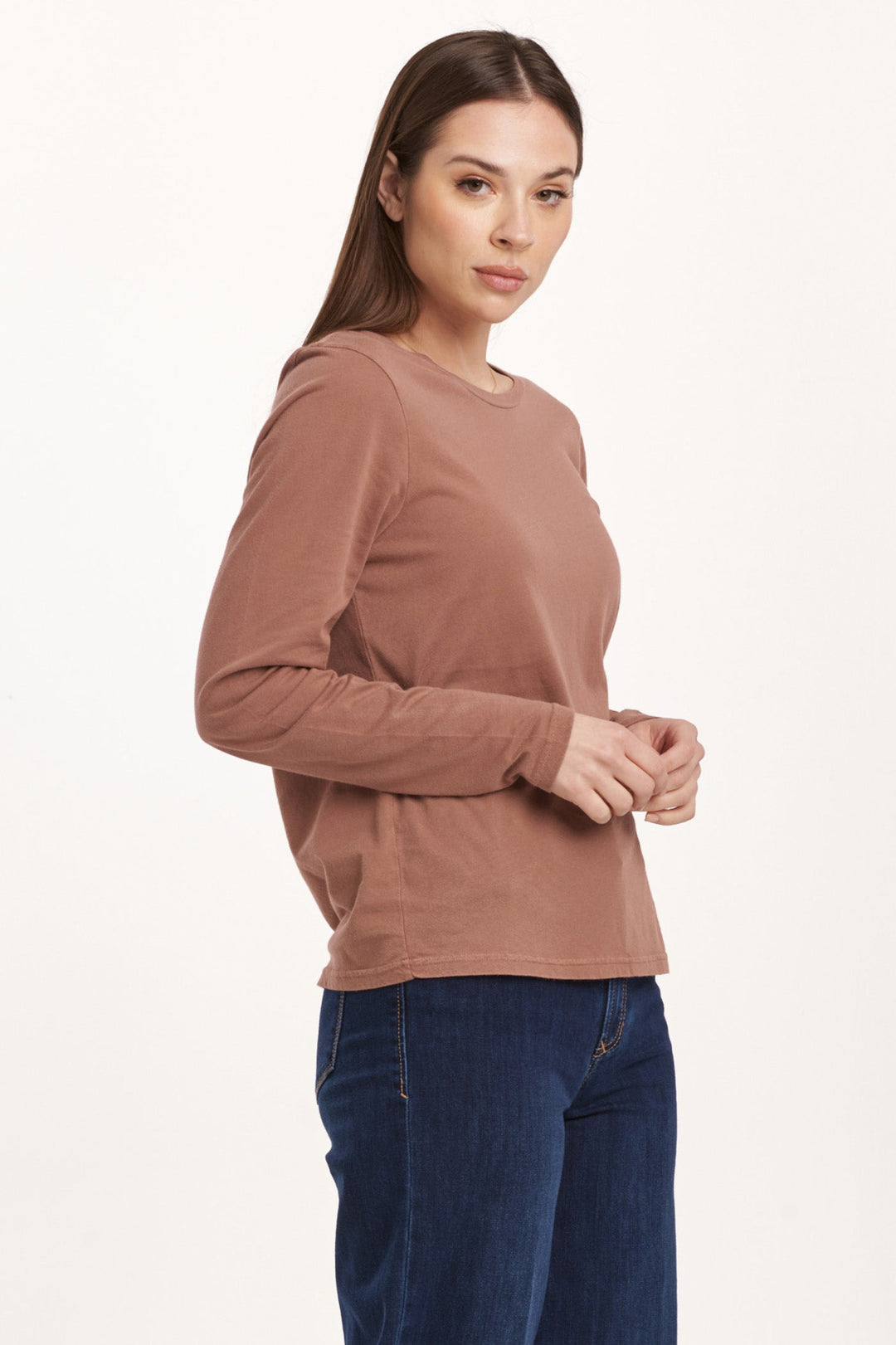 image of a female model wearing a KATHY LONG SLEEVE JERSEY TEE NUTSHELL DEAR JOHN DENIM 