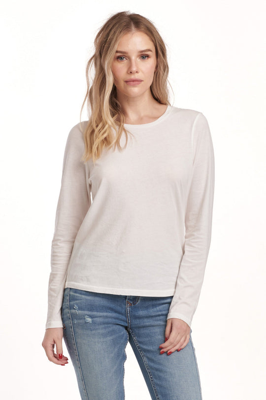 image of a female model wearing a KATHY LONG SLEEVE JERSEY TEE WHITE DEAR JOHN DENIM 