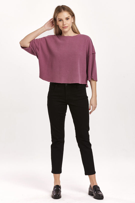 image of a female model wearing a AMIRA THERMAL WIDE SLEEVE TOP PLUM BERRY DEAR JOHN DENIM 