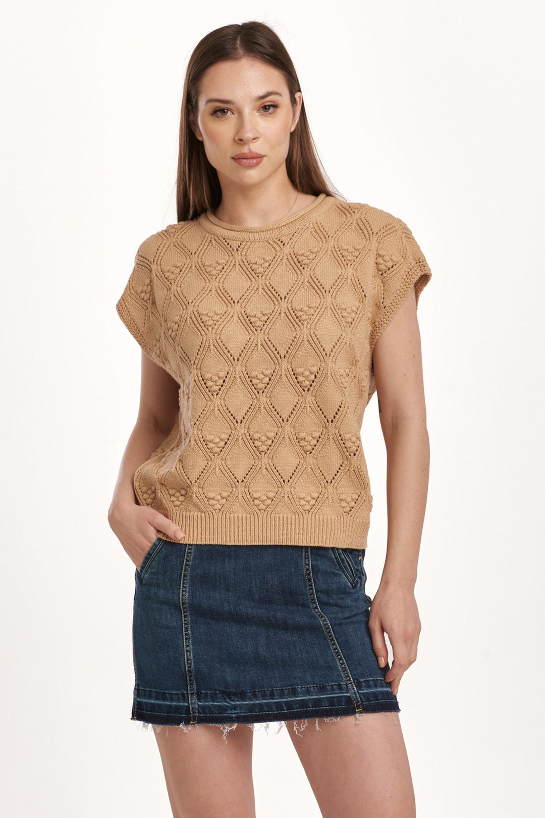 image of a female model wearing a ARI ROLL NECK SWEATER VEST LIGHT BROWN DEAR JOHN DENIM 