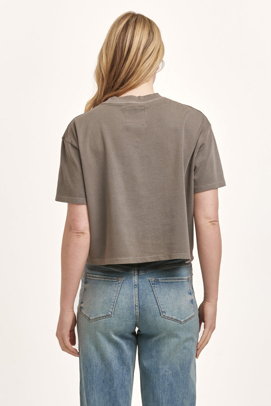 image of a female model wearing a MADDOX BOYFRIEND JERSEY TOP CHARCOAL DEAR JOHN DENIM 