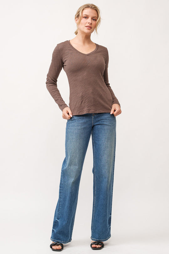 image of a female model wearing a ALINA V-NECK LONG SLEEVE CLASSIC FIT TOP DARK OLIVE DEAR JOHN DENIM 