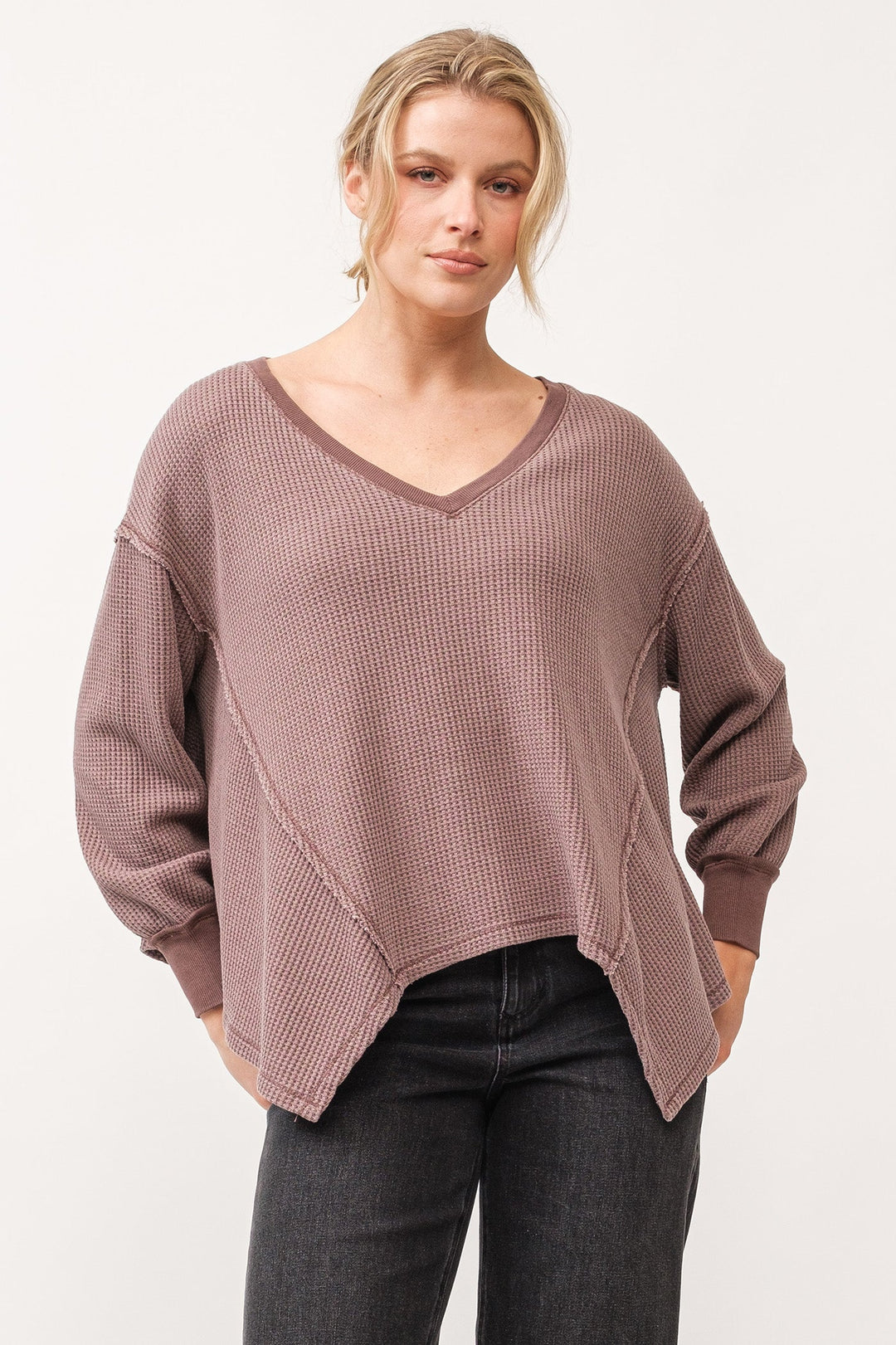 image of a female model wearing a MIRA V-NECK OVERSIZED LONG SLEEVE TOP MARRON DEAR JOHN DENIM 