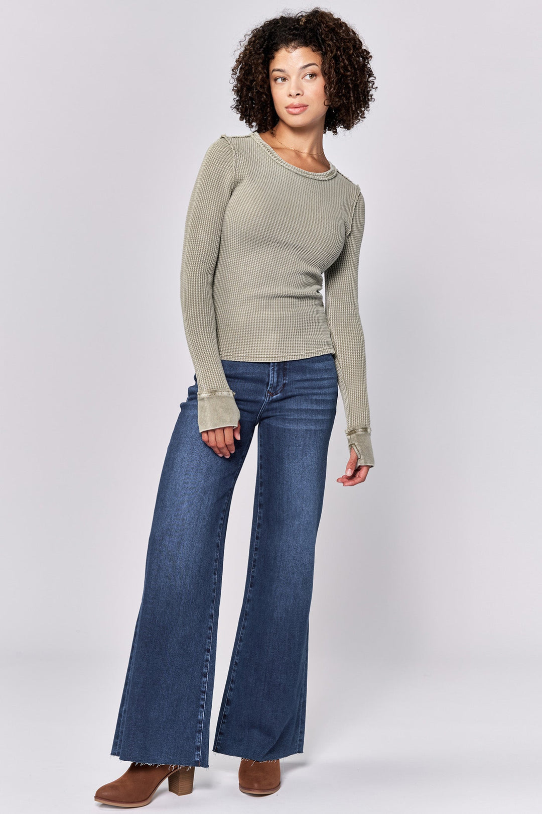 image of a female model wearing a ANIA THERMAL LONG SLEEVE FITTED TOP VETIVER DEAR JOHN DENIM 